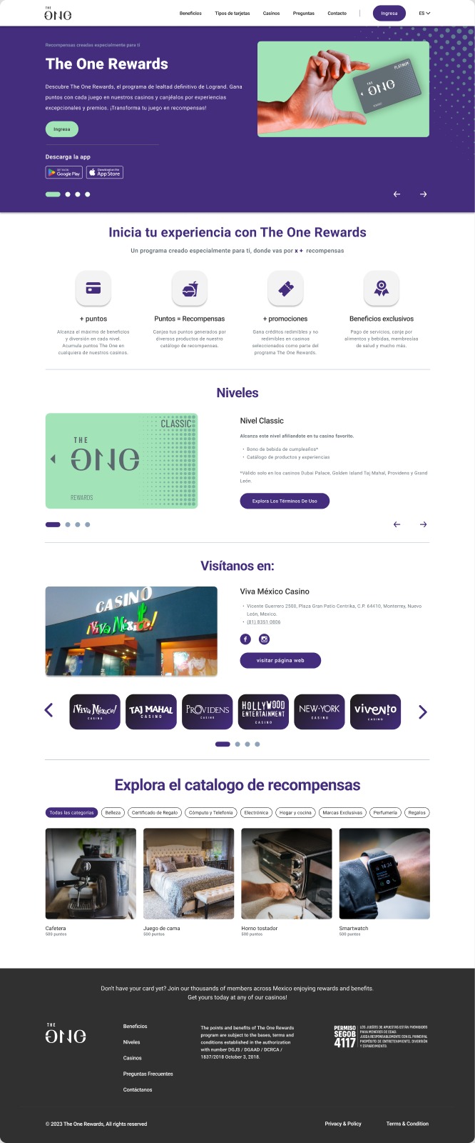 Home del sitio web antes de ingresar, con niveles, casinos y catálogo