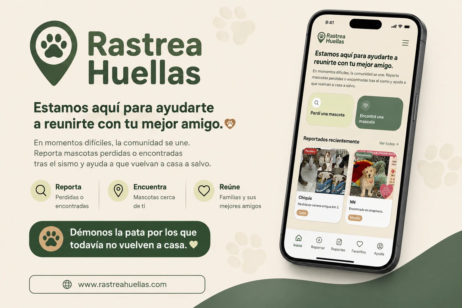 Portada de Rastrea Huellas, logo, tagline y mockup de la app