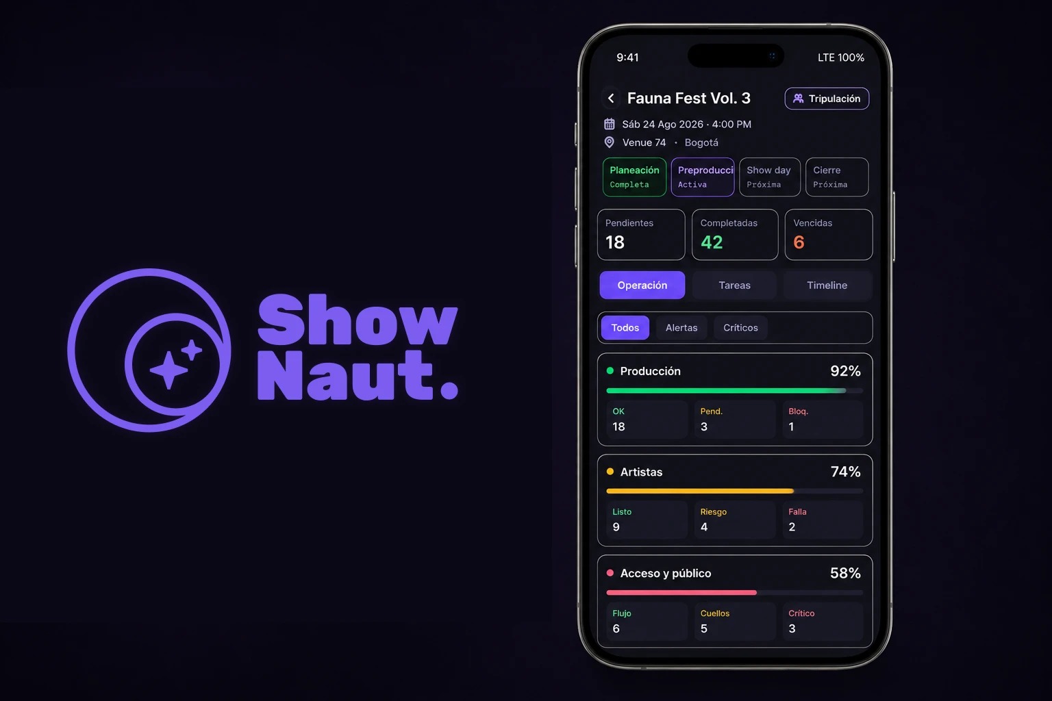 Portada de Shownaut, mockup del HUD de operación de eventos sobre fondo oscuro